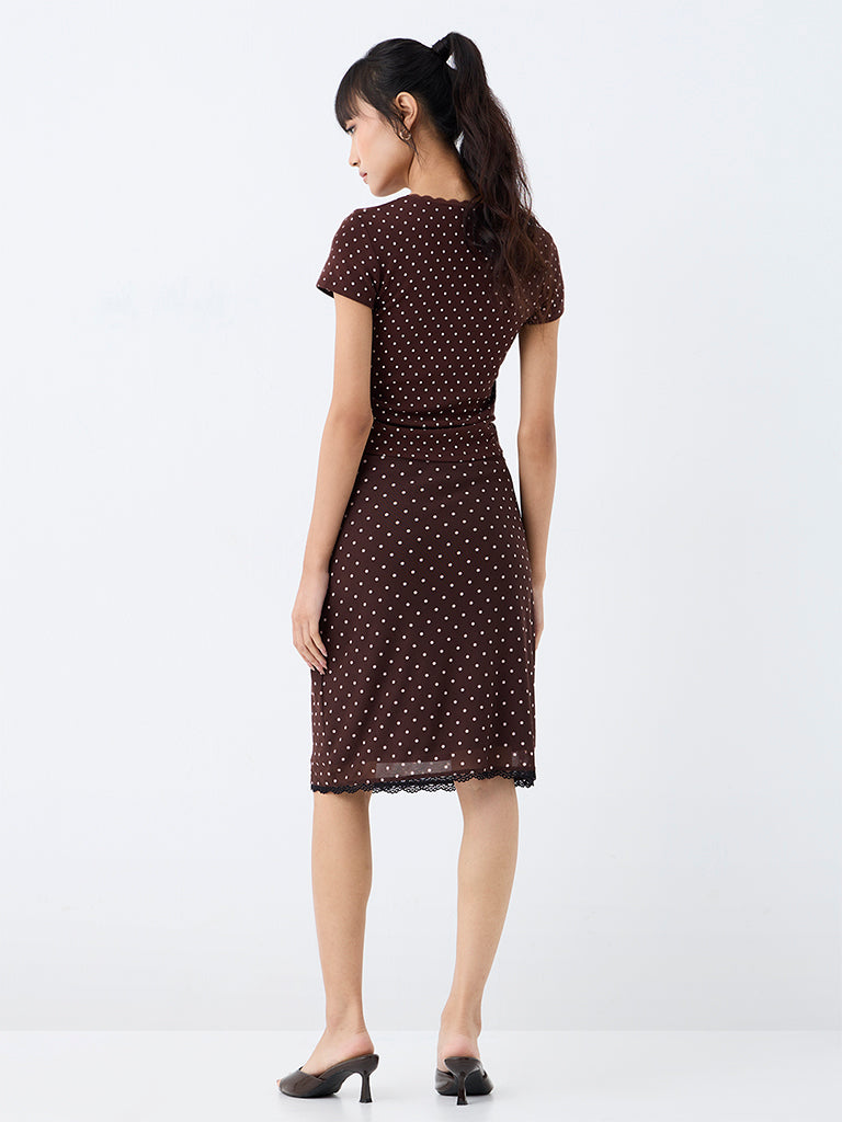 Nuon Dark Brown Polka Dotted High-Rise Skirt