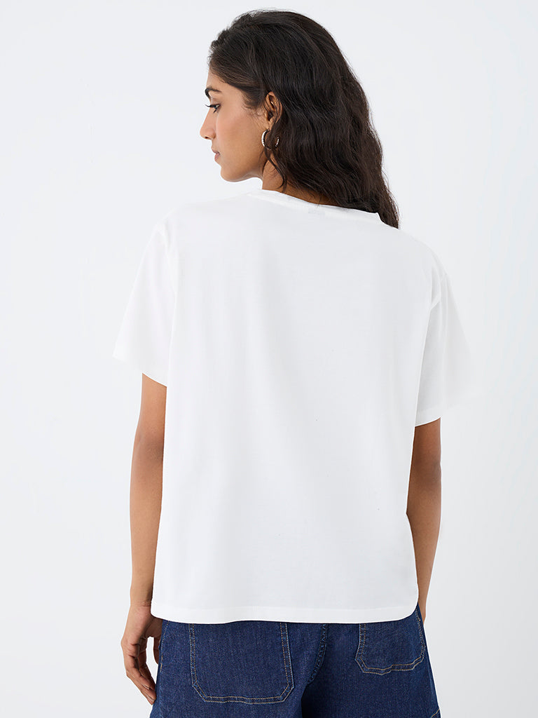 LOV White Floral Embroidered Cotton T-Shirt