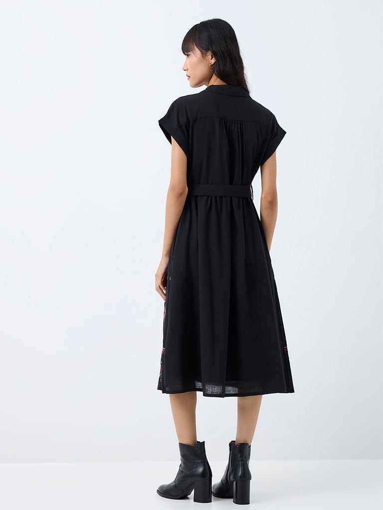 Bombay Paisley Black Embroidered Cotton Midi Dress with Belt
