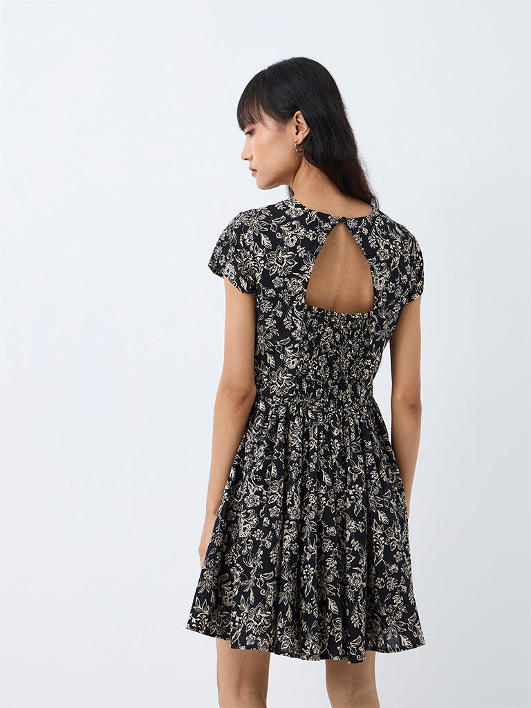 Bombay Paisley Black Floral Printed Cotton Fit-and-Flare Mini Dress