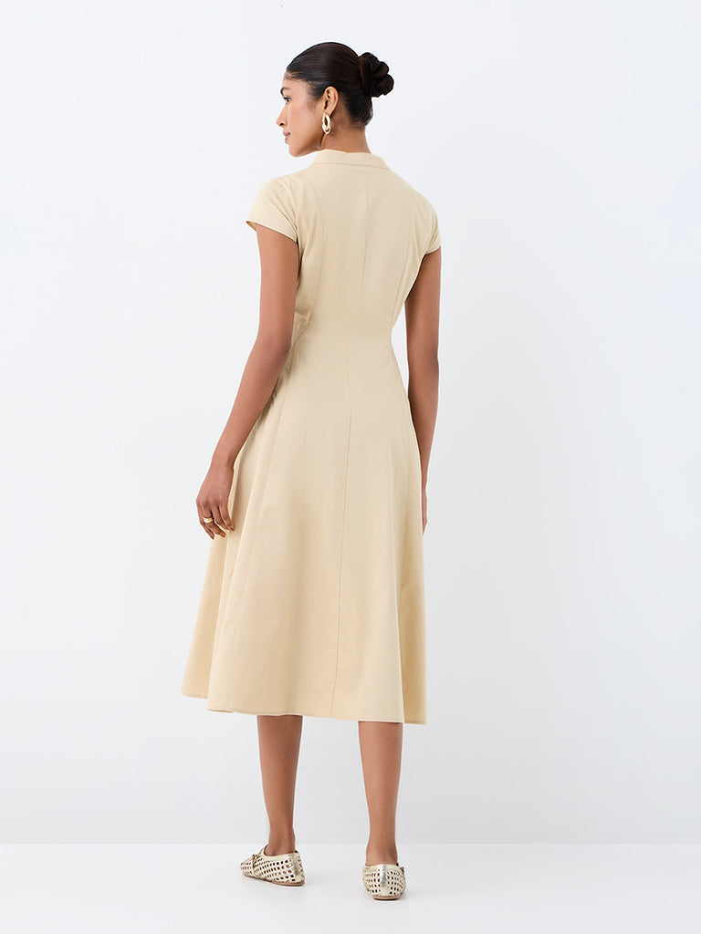Wardrobe Light Beige Fit-and-Flare Cotton Midi Dress