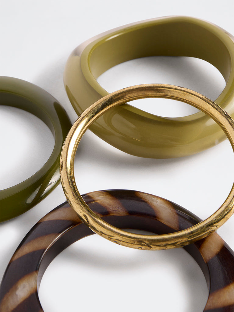 Westside Accessories Olive and Brown Multi-Design Stackable Bangles - Pack of 4