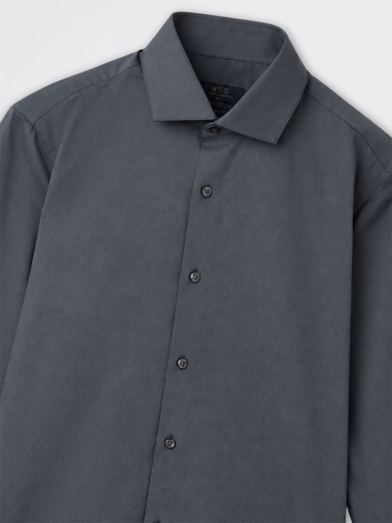 WES Formals Charcoal Solid Ultra-Slim Fit Cotton-Blend Shirt