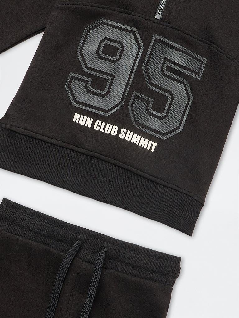 HOP Kids Boys Black Printed Sweatshirt with Joggers Set