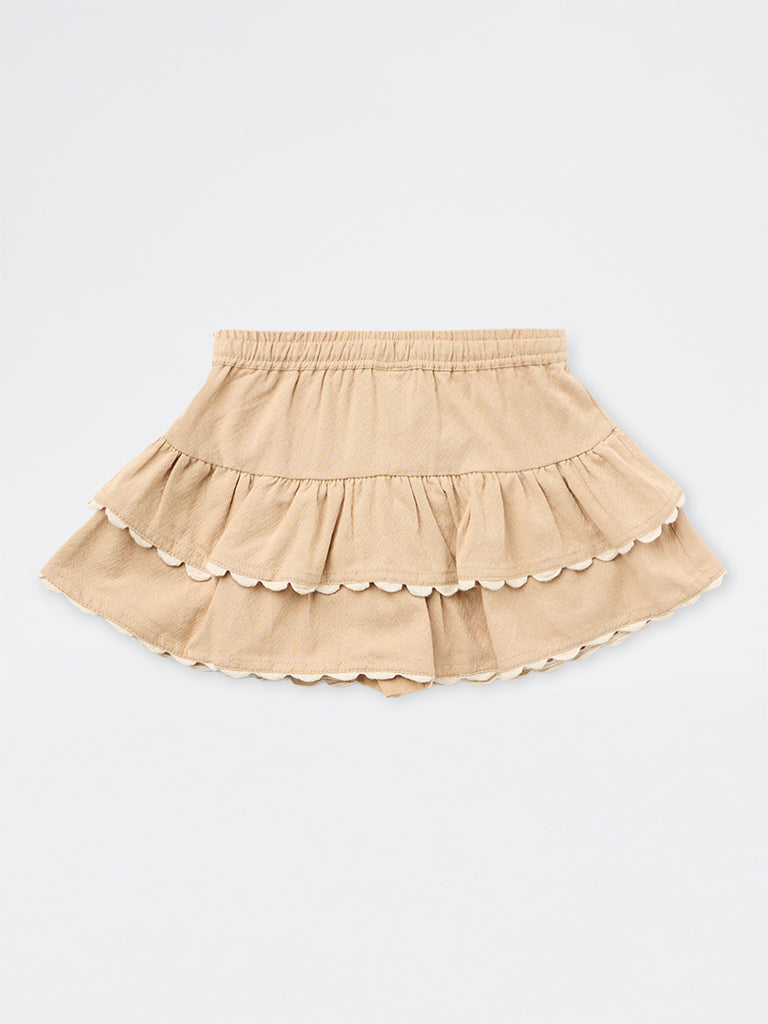 HOP Kids Girls Beige Scalloped Tiered Cotton Skirt
