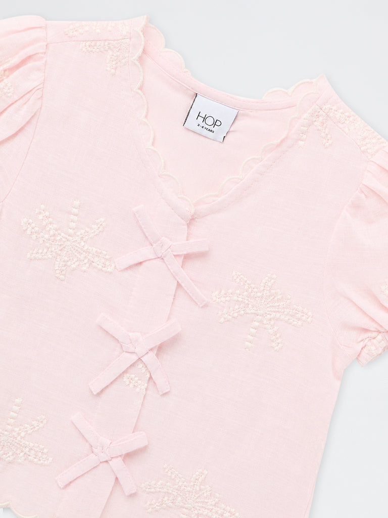 HOP Kids Girls Light Pink Tropical Embroidered Cotton Top
