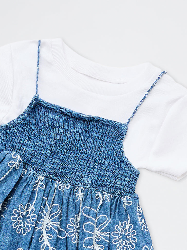 HOP Kids Girls Blue Floral Embroidered Denim Dress with T-Shirt Set