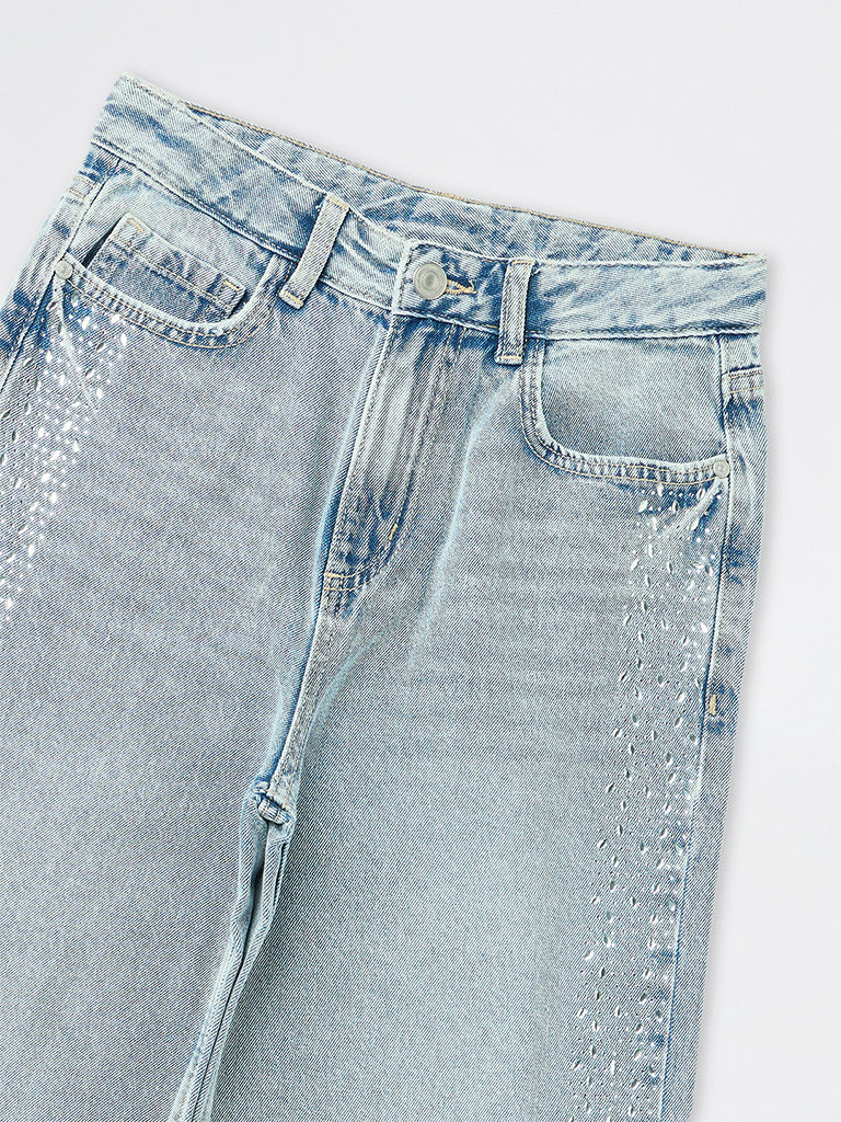 Girls Light Blue Embellished High-Waist Relaxed Fit Jeans