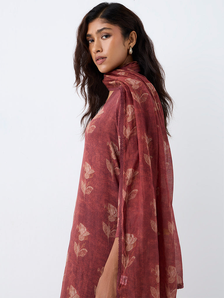 Zuba Rust Floral Printed Cotton-Blend Dupatta