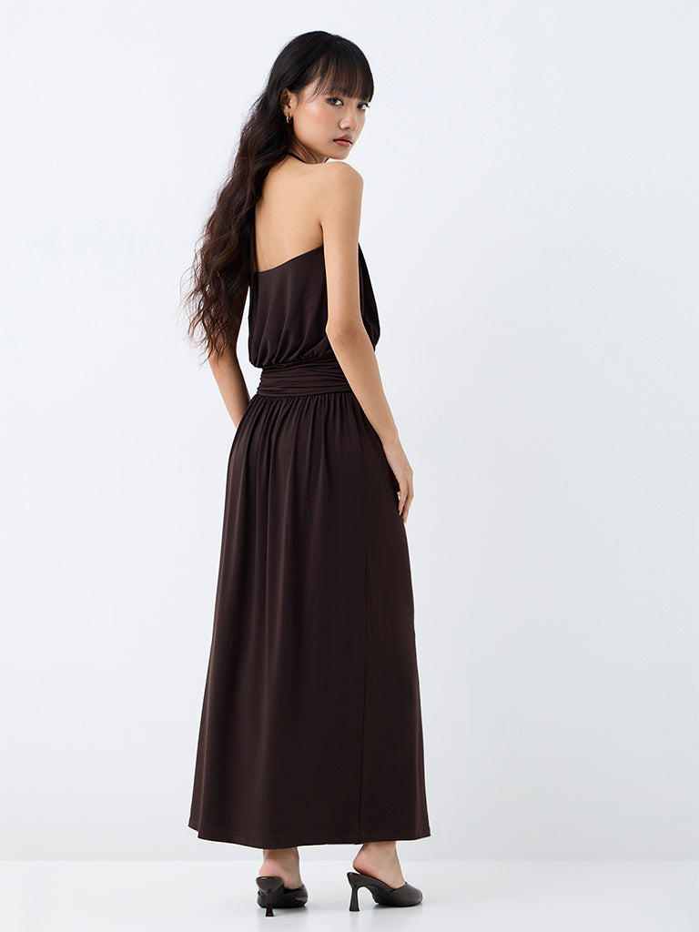 Nuon Dark Brown Solid A-Line Maxi Dress