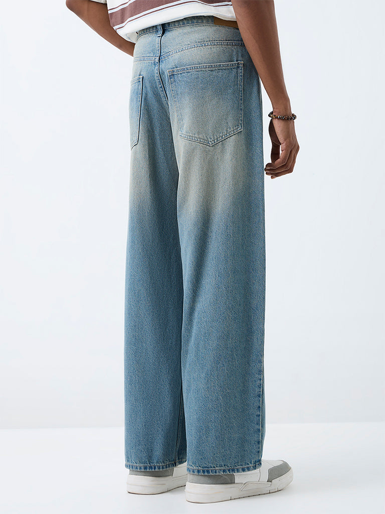 Nuon Blue Washed Barrel-Fit Mid-Rise Jeans
