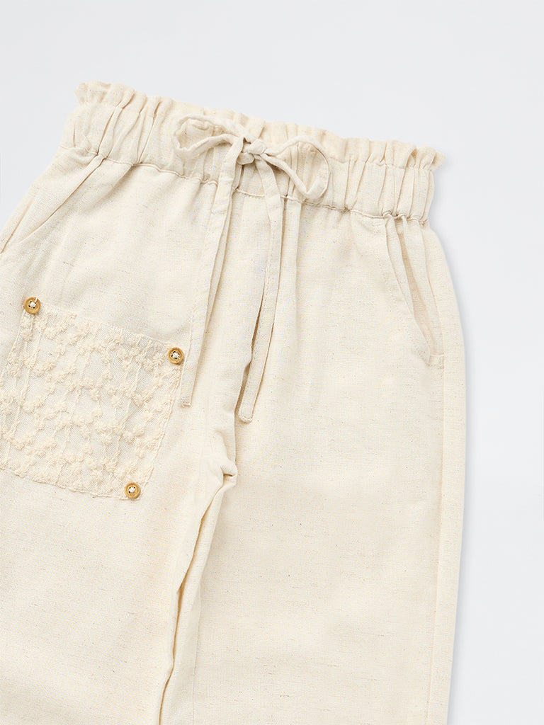 HOP Kids Girls Beige Floral Embroidered High-Rise Joggers