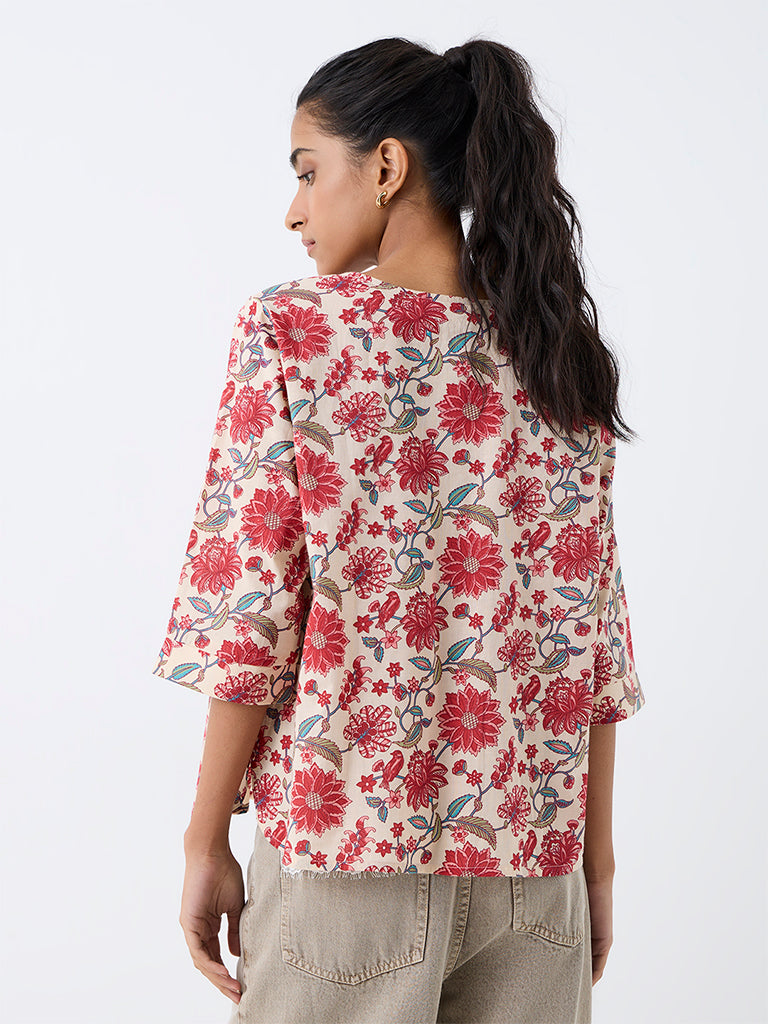 Utsa Light Beige Floral Printed Cotton Tunic