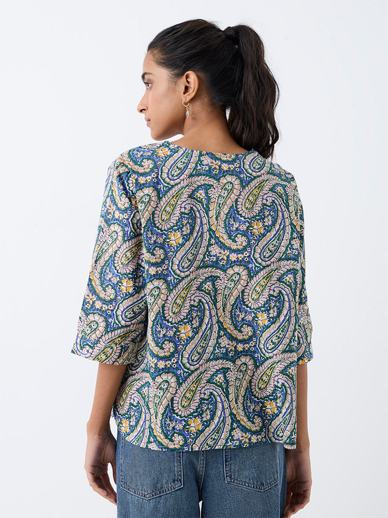 Utsa Blue Paisley Printed Cotton Tunic