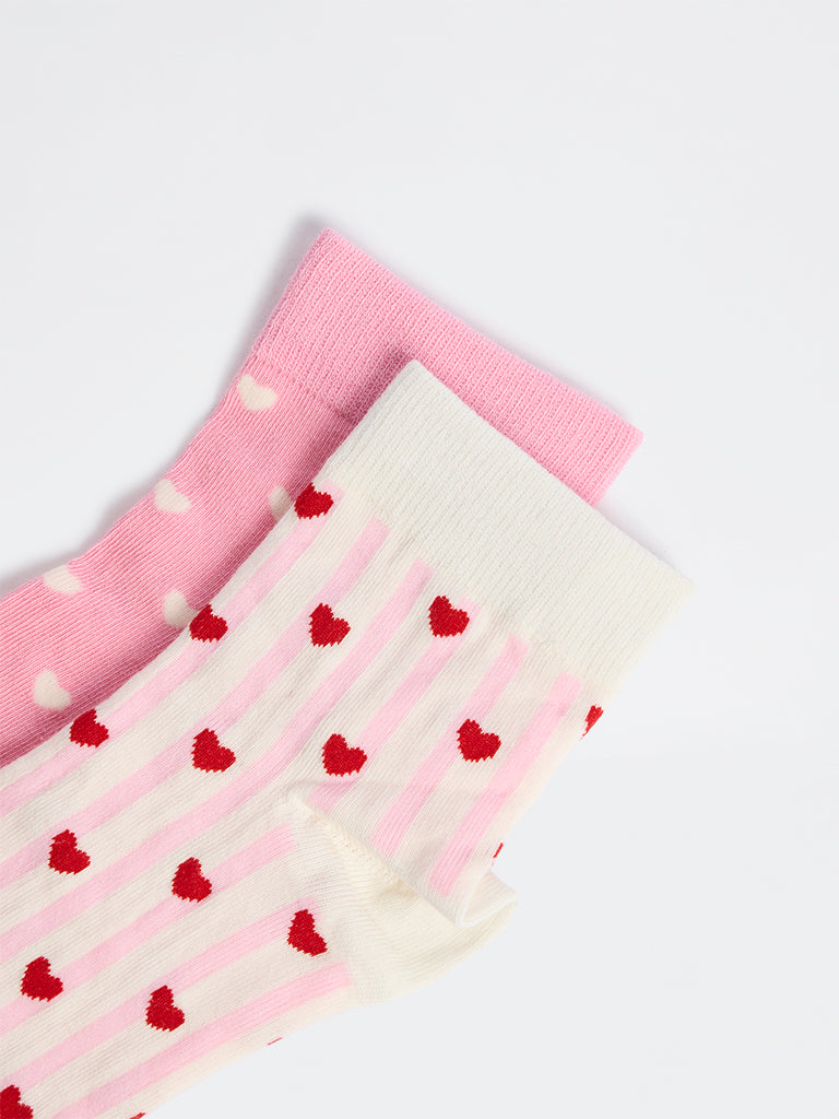 Superstar Pink Heart Printed Cotton-Blend Ankle Socks - Pack of 2