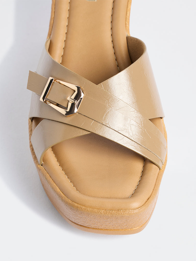 LUNA BLU Beige Criss-Cross Strap Wedge Heel Sandals