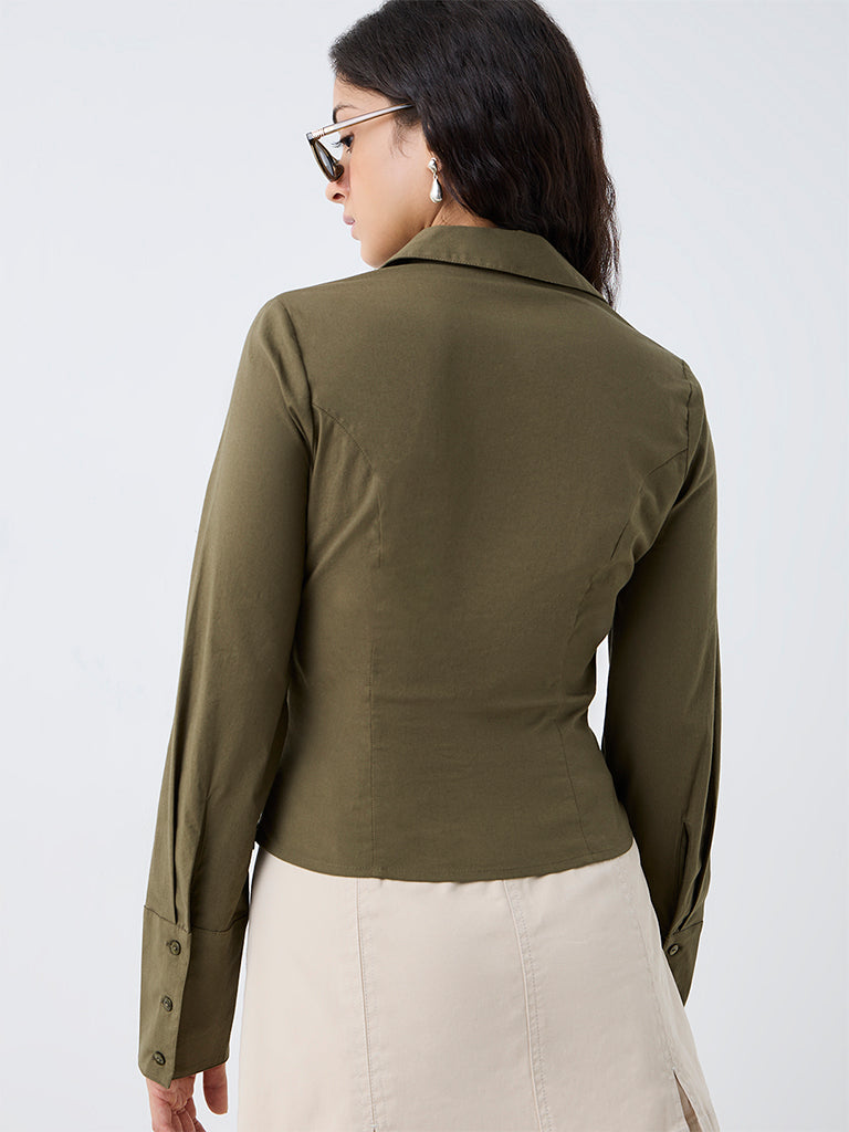 Nuon Olive Criss-Cross Detailed Cotton Blouse