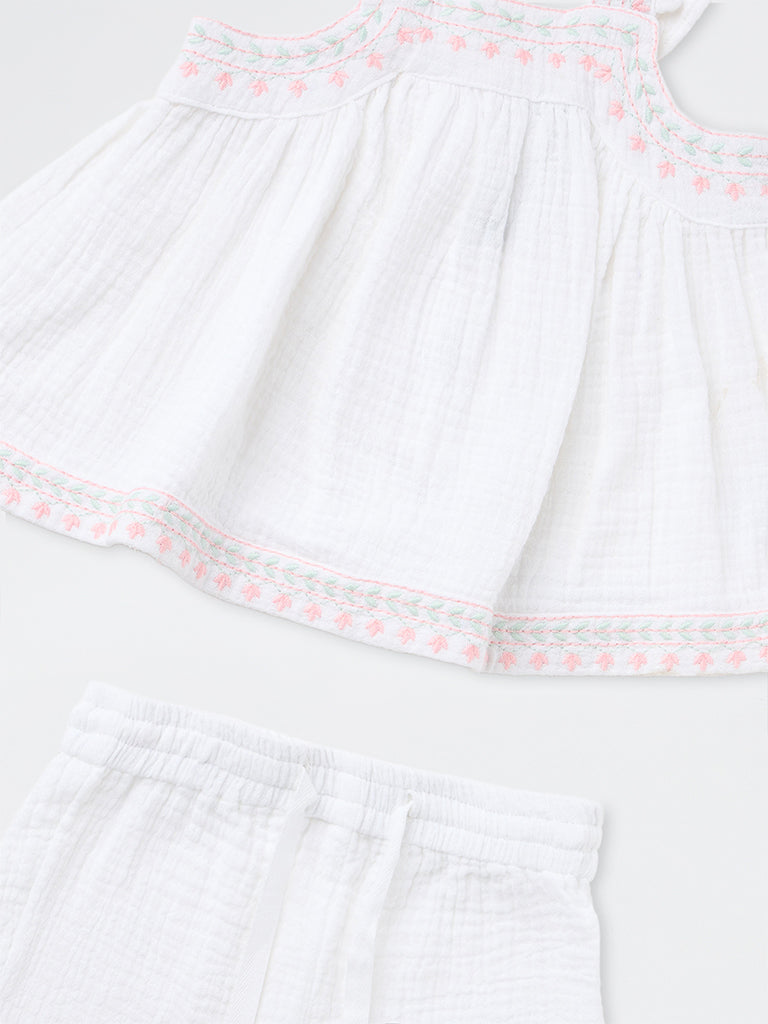 HOP Baby Girls White Floral Embroidered Cotton Top and Pants Set