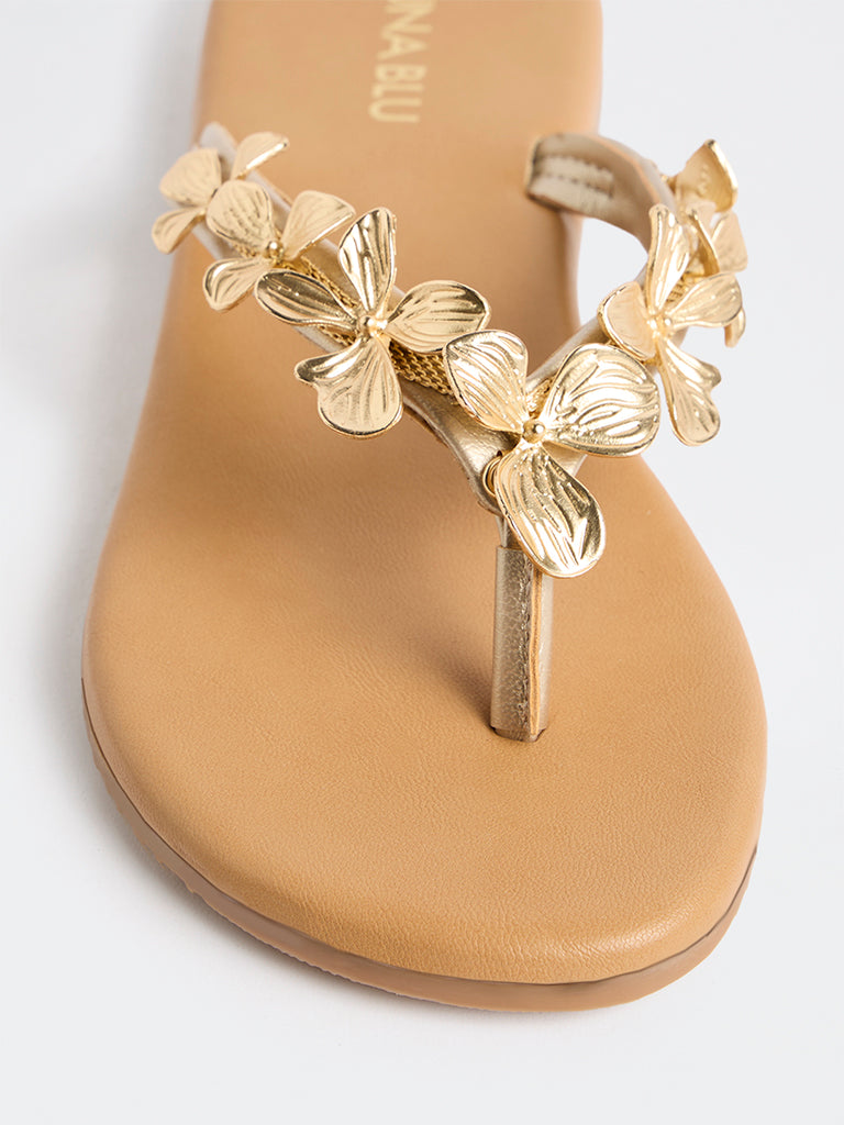 LUNA BLU Gold Floral Appliqué Thong-Strap Slides