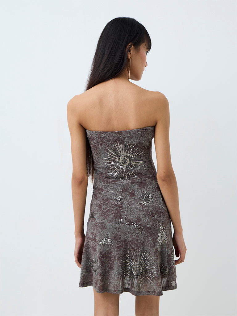 Nuon Dark Grey Floral Embellished Tube Dress