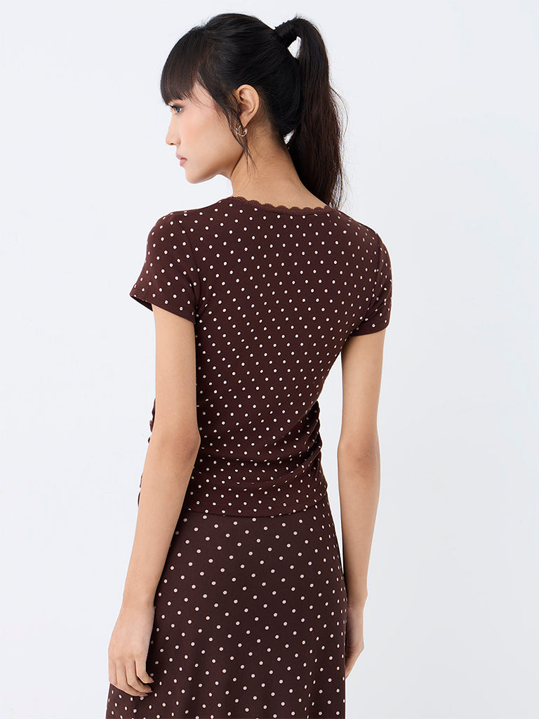 Nuon Dark Brown Polka Dot Printed Top
