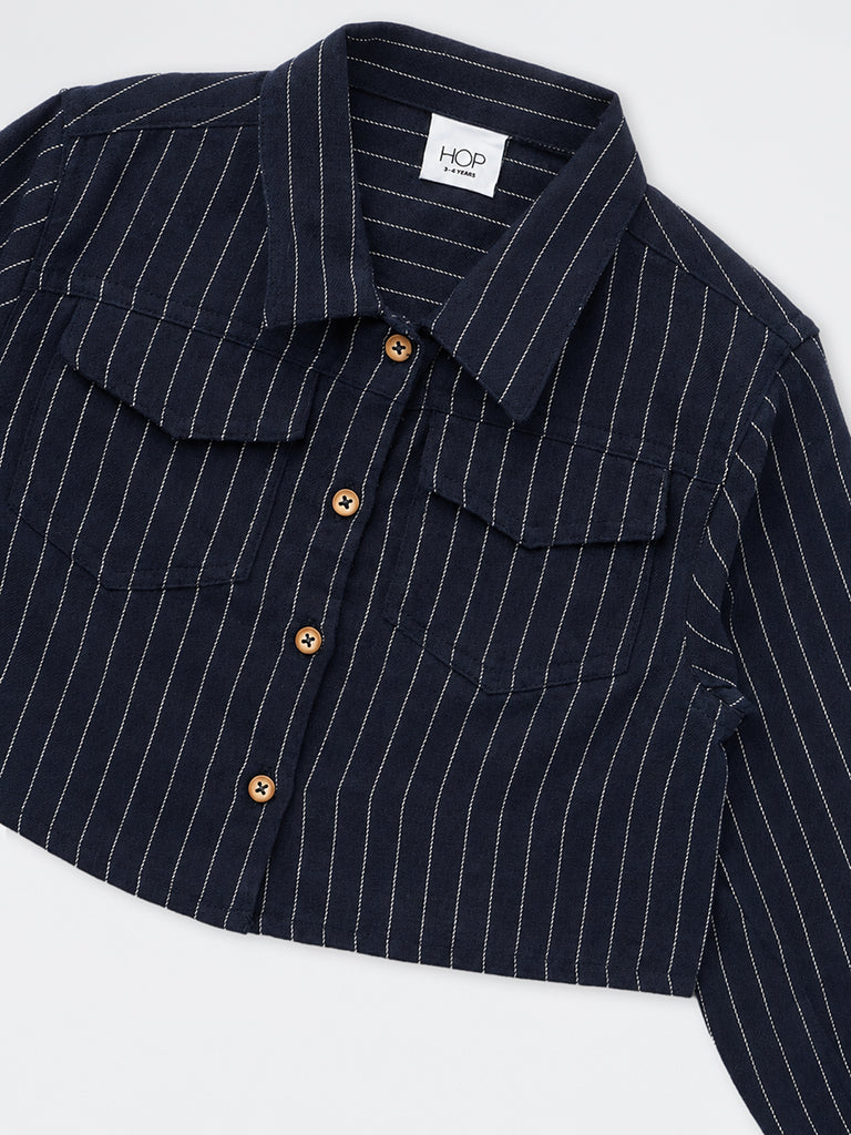 HOP Kids Girls Navy Pinstripe Printed Cotton Shirt