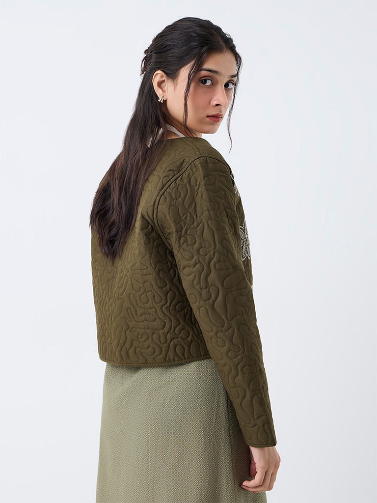 Bombay Paisley Dark Olive Floral Embroidered Quilted Jacket
