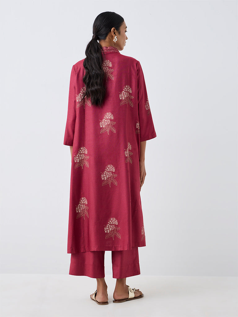 Zuba Red Floral Embroidered A-Line Kurta