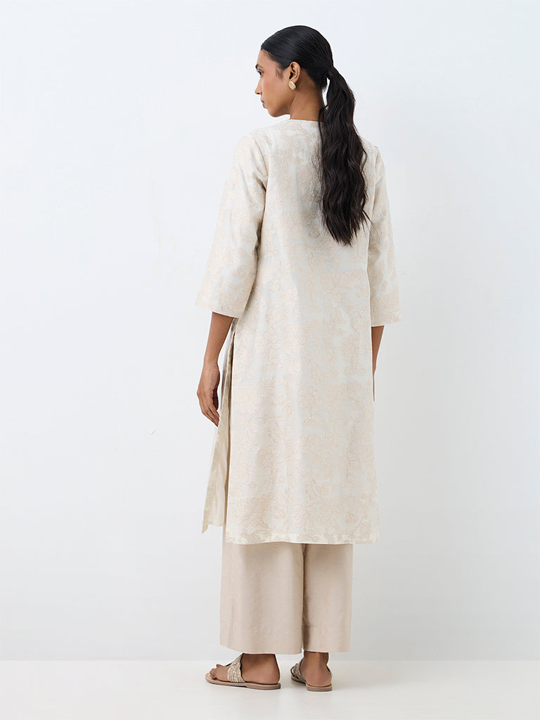 Zuba Ivory Floral Brocade A-Line Kurta