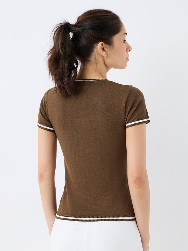 Nuoflexx Brown Contrast-Detail T-Shirt