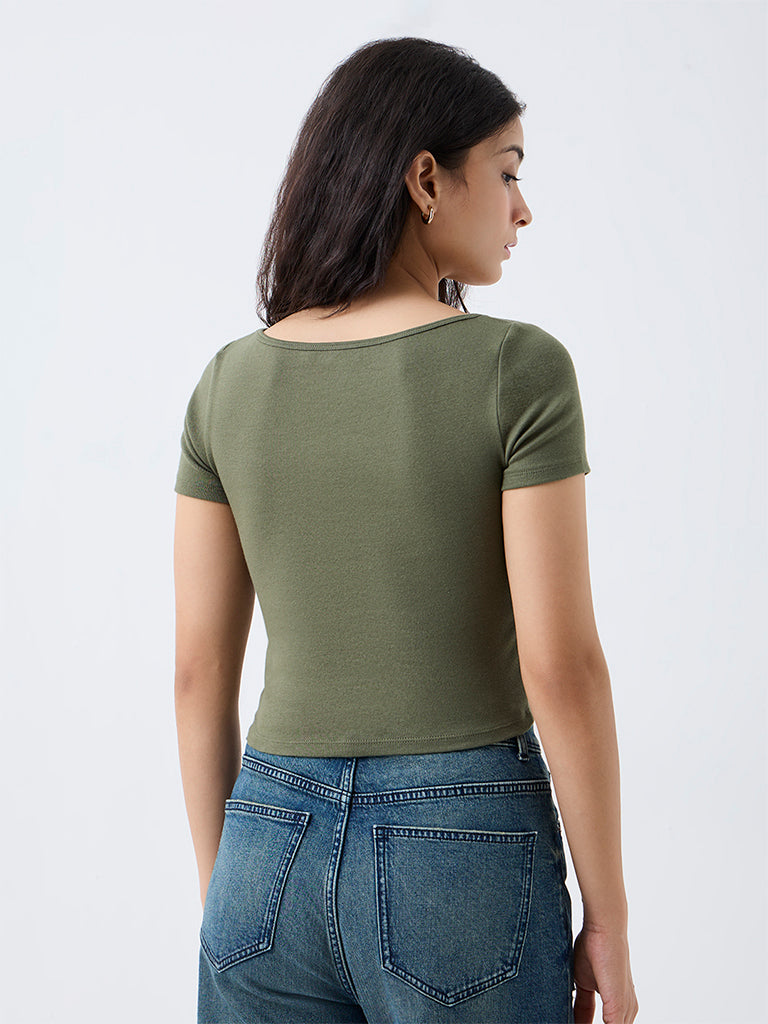 Nuon Dark Olive Ruched Cotton Top