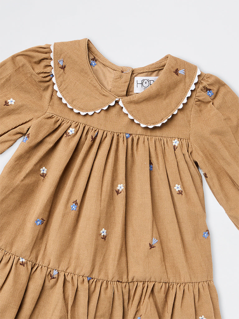 HOP Baby Girls Brown Floral Embroidered Cotton Tiered Dress