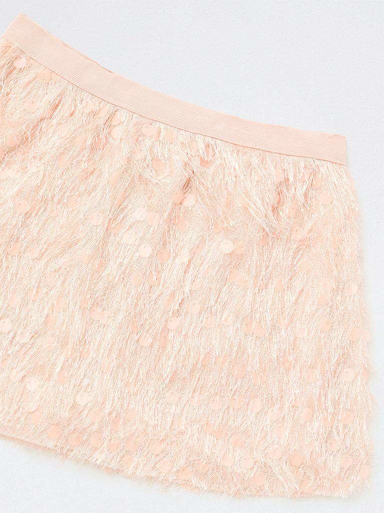HOP Kids Girls Peach Fringe-Detailed High-Rise Skirt