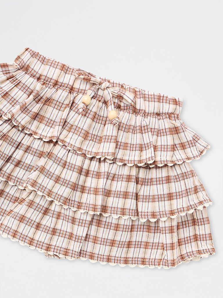 HOP Kids Girls Brown Checkered High-Rise Tiered Skirt