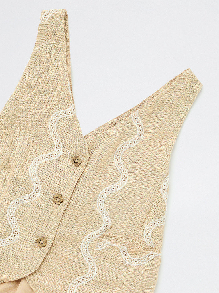 HOP Kids Girls Beige Embroidered Waistcoat