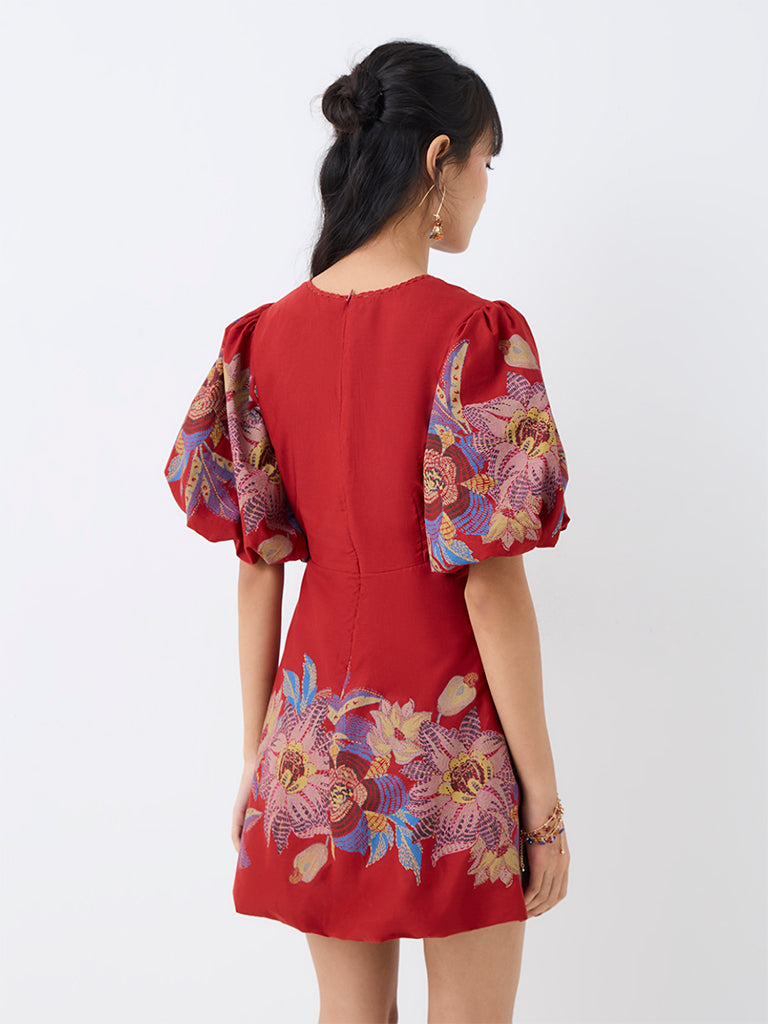 Bombay Paisley Red Floral Printed Cotton Mini Bubble Dress