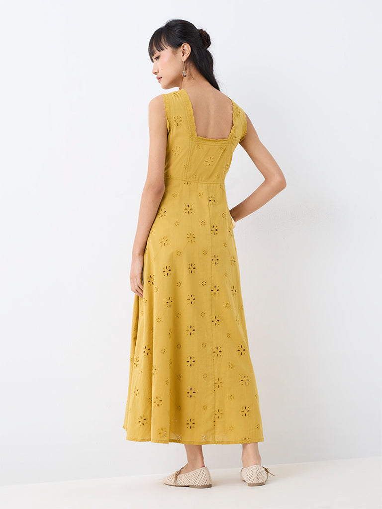 Bombay Paisley Mustard Schiffli Embroidered Cotton A-Line Dress