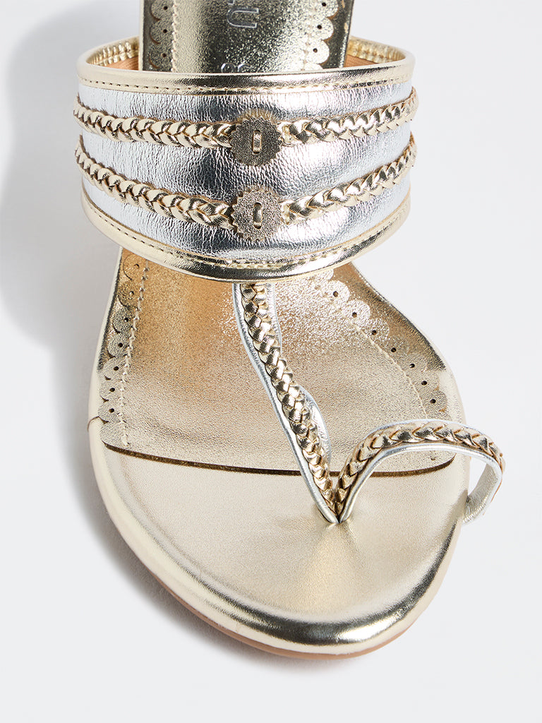 LUNA BLU Light Gold Kolhapuri Block Heel Sandals