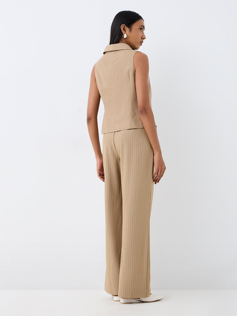 Wardrobe Beige Pinstriped High-Rise Trousers