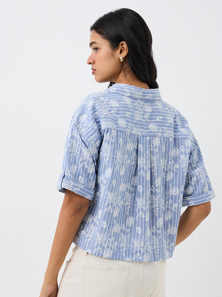 LOV Blue Floral Embroidered Cotton-Blend Shirt