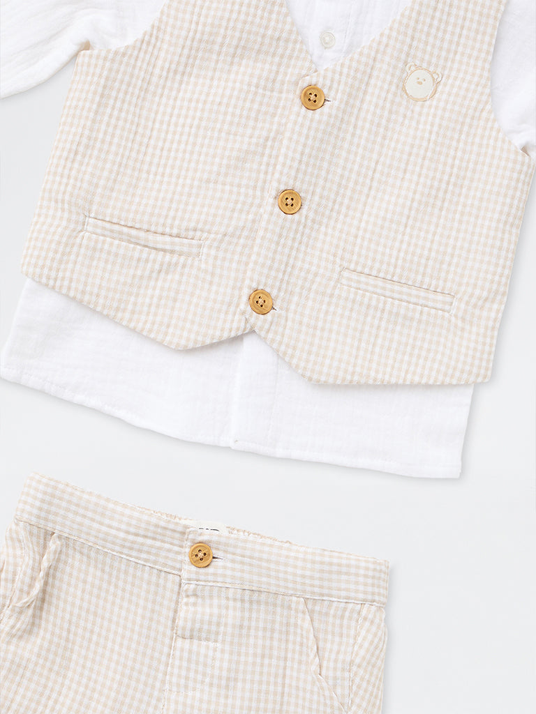 HOP Baby Boys Beige Checkered Cotton Waistcoat, Shirt and Trouser Set