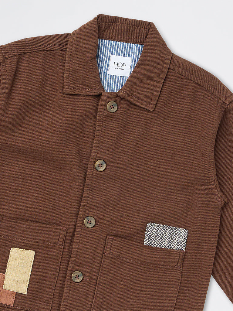 HOP Kids Boys Dark Brown Patchwork-Detail Denim Jacket
