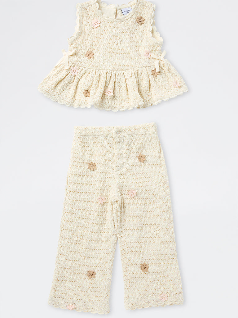 HOP Kids Girls Cream Floral Embroidered Crochet Cotton Top and Pants Set