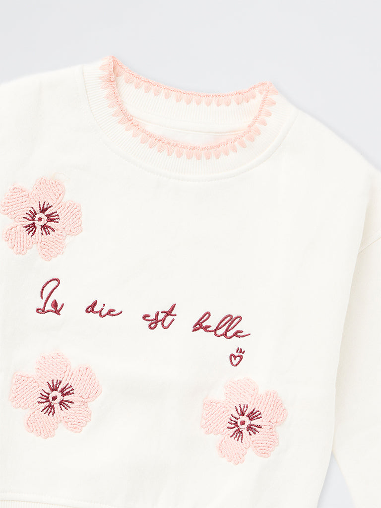 HOP Kids Girls Off-White Floral Embroidered Cotton-Blend Sweatshirt