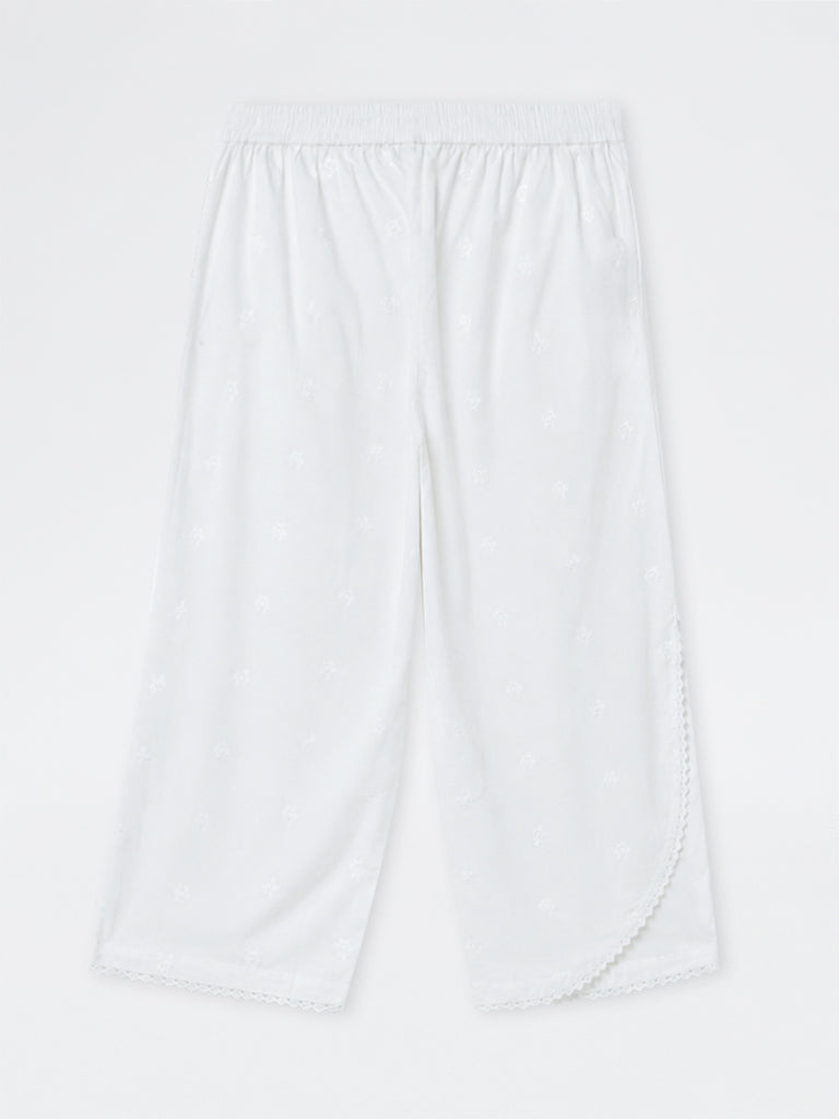 Diza White Floral Embroidered Cotton Pants