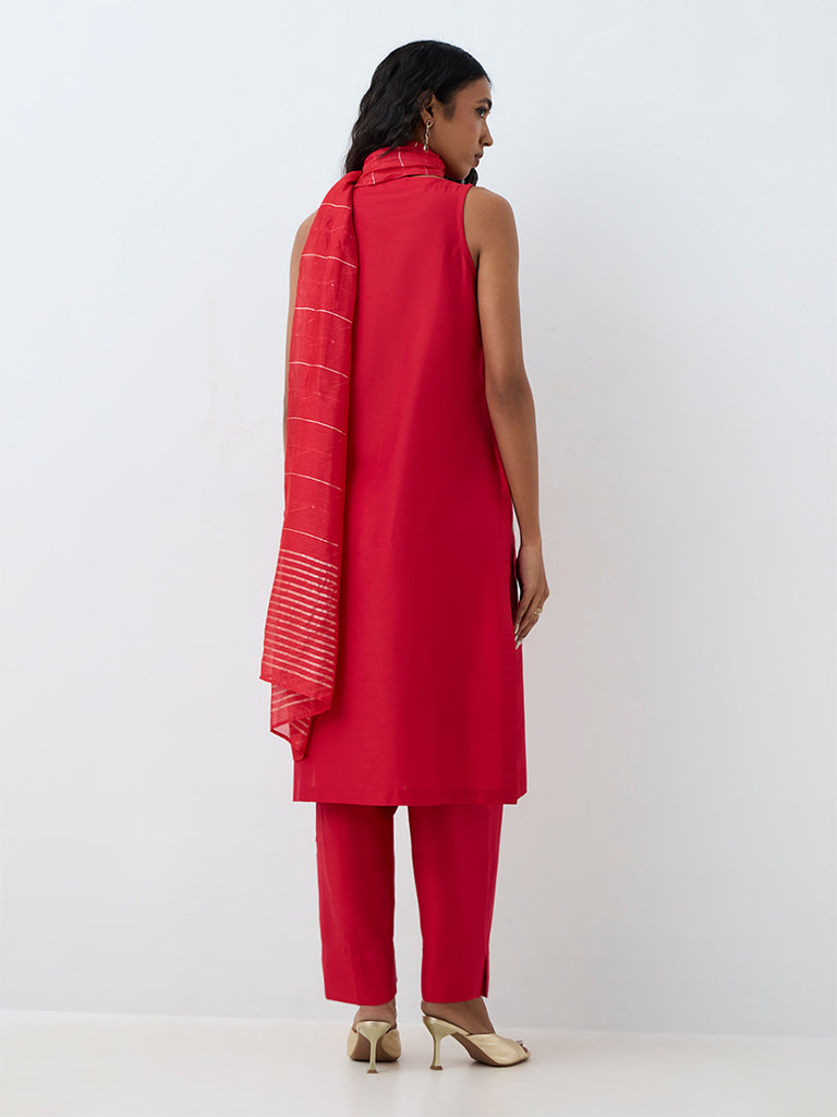 Vark Red Nature Embroidered A-Line Ethnic Set