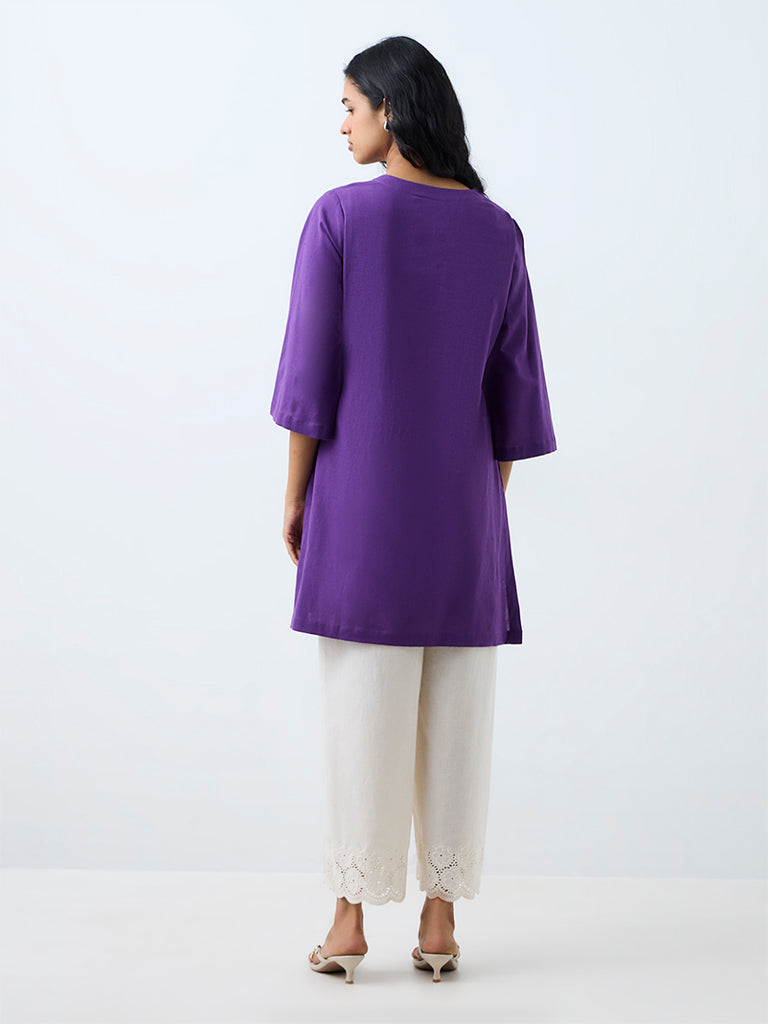 Utsa Purple Floral Embroidered Cotton-Blend A-Line Kurta