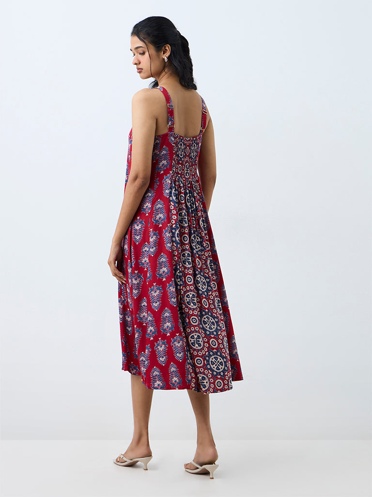 Utsa Red Floral Printed A-Line Dress