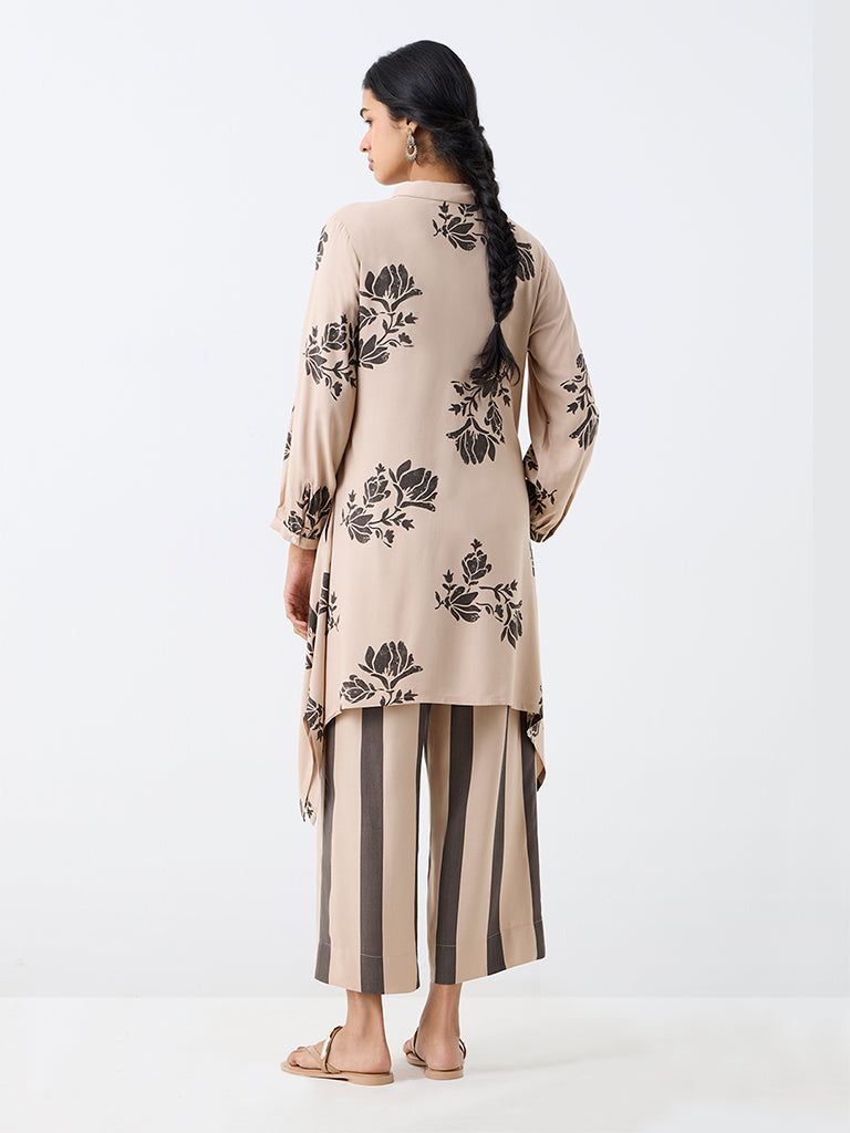 Utsa Beige Floral Design Asymmetrical Kurta