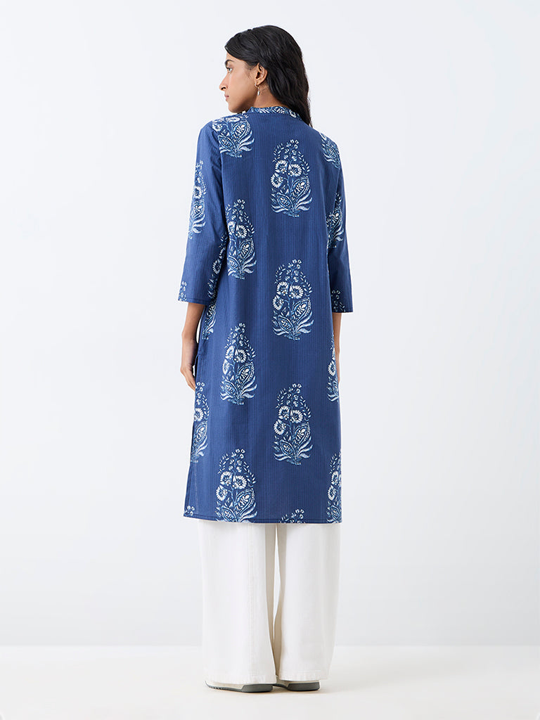 Utsa Indigo Floral Printed Cotton Straight Kurta